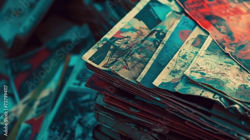 Old comic books stacked in a pile creates a colorful abstract background texture with red and blue duotone effect