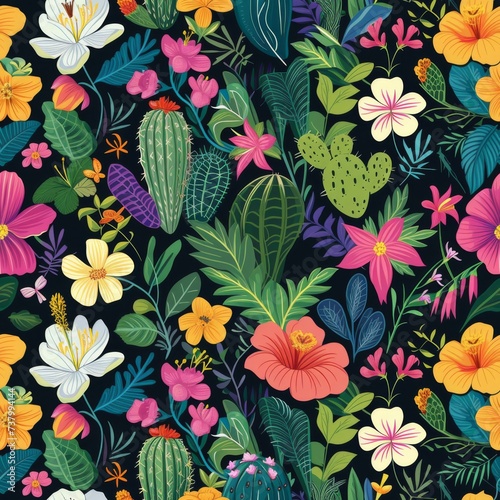 Lush Latin American Floral Illustration with Cactus and Wildflowers.