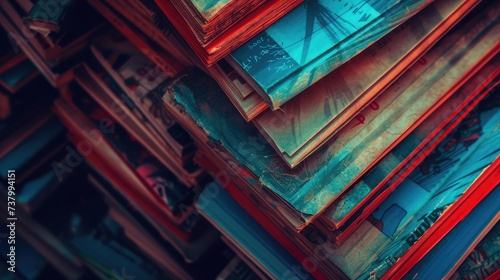 Old comic books stacked in a pile creates a colorful abstract background texture with red and blue duotone effect