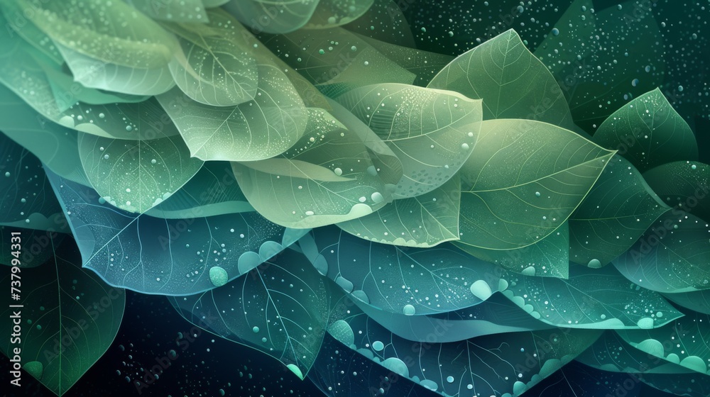 Obraz premium Serene Morning Dew on Translucent Green Leaves in Luminous Layers.