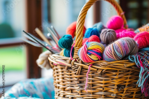 knitters basket filled with colorful wool skeins and tools photo