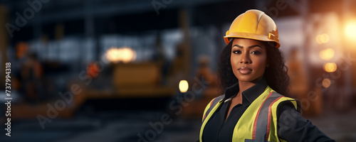 Young African female construction engineer at work with safety helmet and vest background banner © JoelMasson