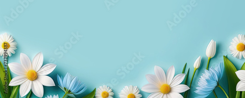 Beautiful, fresh white daisies on pastel blue background. Wild flowers. Soft light color. Greeting card. Mockup for positive idea. Empty place for inspirational, emotional, sentimental text or quote.