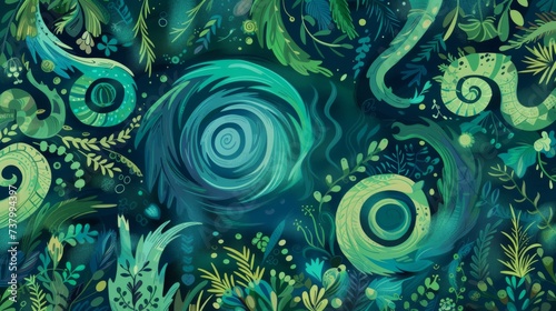 Enchanted Underwater Garden: Spirals and Organic Shapes in Green and Blue Hues.