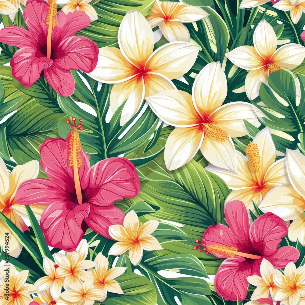 Lush Tropical Floral Pattern with Hibiscus and Plumeria on Bright Green Lush Tropical Floral Pattern with Hibiscus and Plumeria on Bright Green