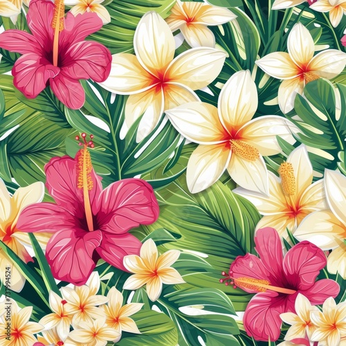 Lush Tropical Floral Pattern with Hibiscus and Plumeria on Bright Green