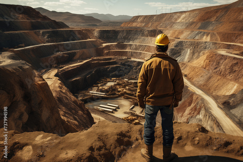 A worker in a yellow hard hat stands at the edge of a vast open-pit mine, contemplating the expansive excavation site below.
