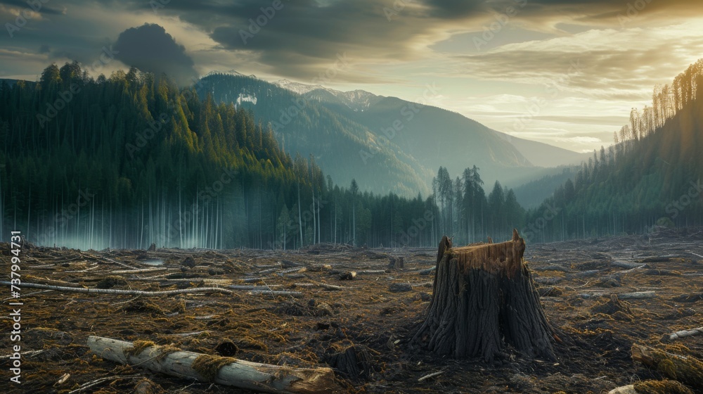 Earth Day Scene: Sunset Over Cleared Forest Land with Stumps and Regrowth Hopes.