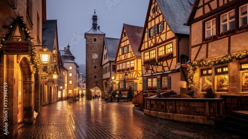 Morning view of untere Schmiedgasse street at the old town of Rothenburg ob der Tauber.