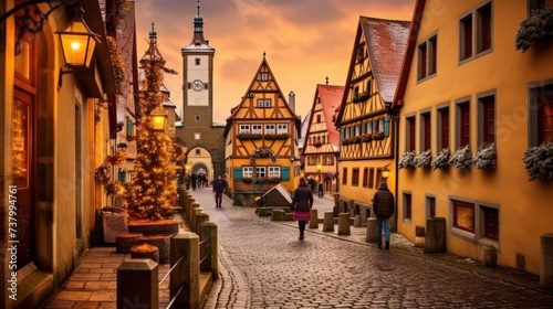 Morning view of untere Schmiedgasse street at the old town of Rothenburg ob der Tauber. photo