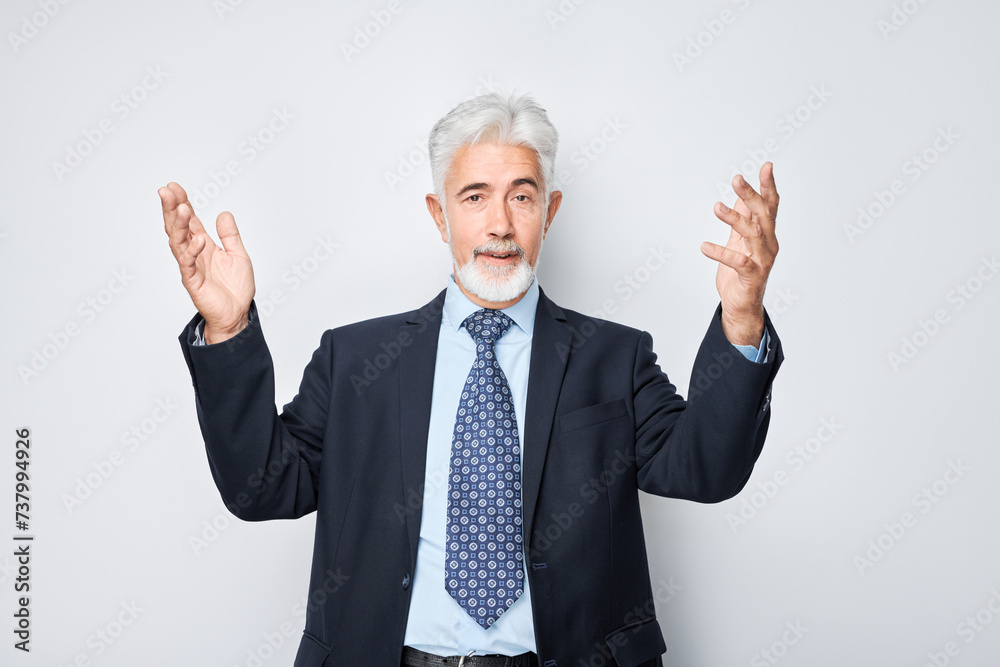 Portrait gray-haired man happy face smiling joyfully with raised palms and shocked open mouth isolated on white studio background. Portrait gray-haired man happy face smiling joyfully with raised palms and shocked open mouth isolated on white studio background.