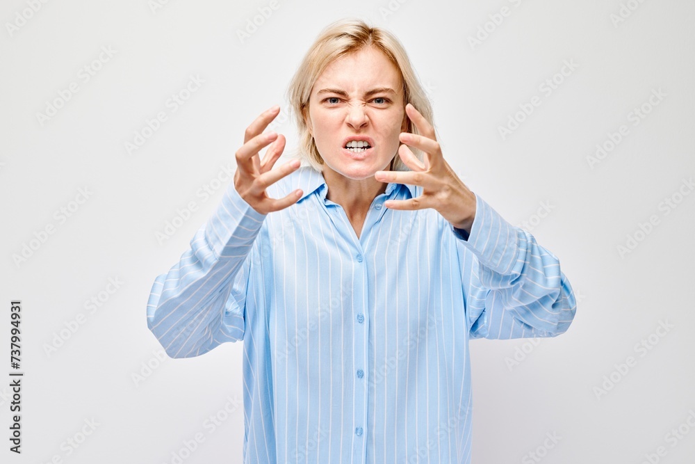 Portrait of girl screaming with anger, freaking out, breakdown on white background. Depression, uncertainty, nervous stress concept. Portrait of girl screaming with anger, freaking out, breakdown on white background. Depression, uncertainty, nervous stress concept.