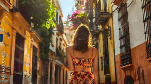 Beautiful tourist young woman walking in Seville city street on summer, Spain, tourism travel holiday vacations concept in Europe © BeautyStock