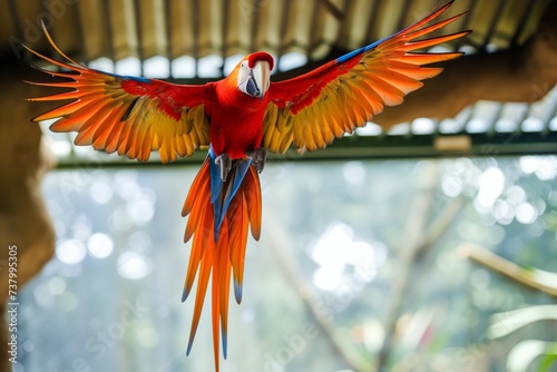 parrot in midflight inside a zoo aviary with outspread wings