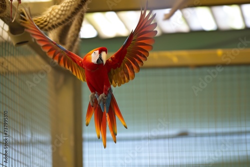 Fényképezés parrot in midflight inside a zoo aviary with outspread wings