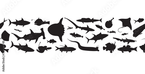 Sea fish. Vector black silhouettes seamless border. photo