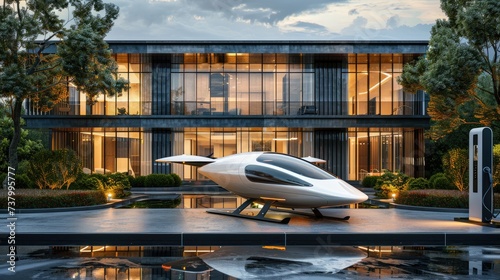 Electric flying car with charging station parked outside luxury home - AI Generated Digital Art photo