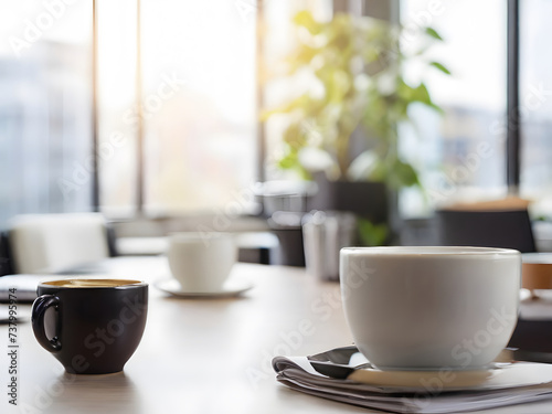 Coffee cup on wooden table in coffee shop, stock photo. AI Generated