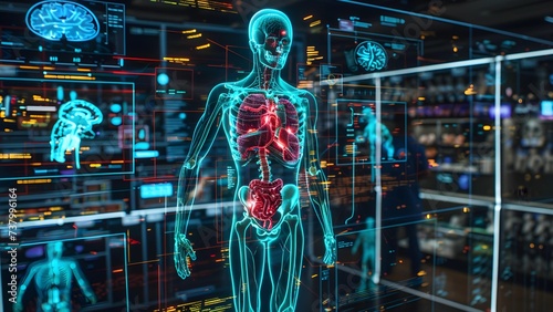 An advanced holographic display of human anatomy highlighting various organs in a high-tech medical environment.