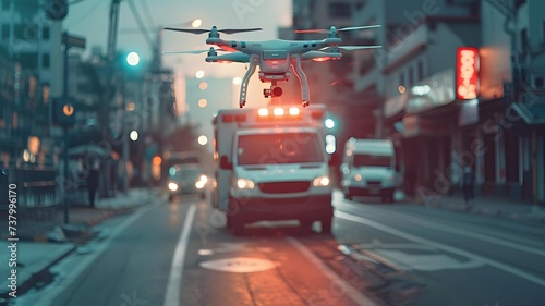 An emergency services drone flies ahead of an ambulance during a rapid response call in an urban street setting at dusk.
