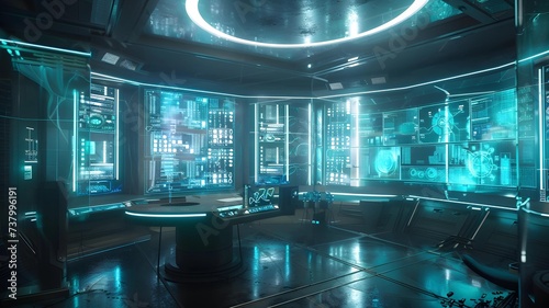 Inside a futuristic command center with advanced holographic interfaces and glowing blue neon lights, reflecting high-tech surveillance and control operations. © doraclub