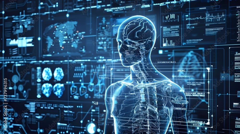 A detailed holographic display shows human anatomy with a focus on the brain, symbolizing high-tech medical analysis and diagnostics. - obrazy, fototapety, plakaty 
