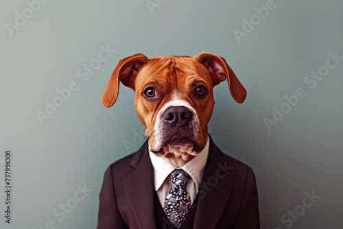 Portrait of a man wearing a dog mask over his head and a formal suit, dog wearing business suit, Generative AI