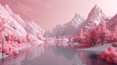  3d beautiful landscape of mountains with lake in the pink, in the style of surrealist dreamland, cherry blossoms, pastel colors. AI generated Japanese style alternative fictional reality view photo