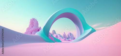 3d pink and blue abstract landscape in desert with arch architectural element, oriental minimalism style Japanese contemporary. AI generated mixed alternative reality fantasy mood