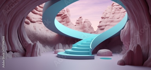 blue circular staircase on  desert, light purple and aquamarine, unique framing and composition, organic 3d AI generated architecture Japanese-style landscapes  imaginary environment. 