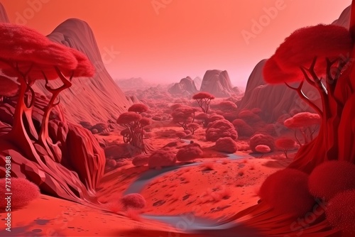 Red landscape with trees and mountains, in the style of surreal alternative fictional reality, alien worlds. fantasy mood and AI-generated imaginary environment.  photo