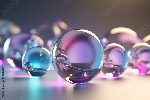 Abstract dispersion transparent glass holographic spheres with liquid inside. Holographic spectrum pink, blue lilac colors.  iridescent concept AI generated conceptual weightless physical background. 