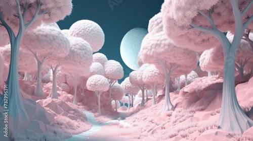 3d pink landscape with trees and Moon in the blue sky, style of contemporary fairy tale,  meticulous fantasy mood and AI-generated imaginary environment. 