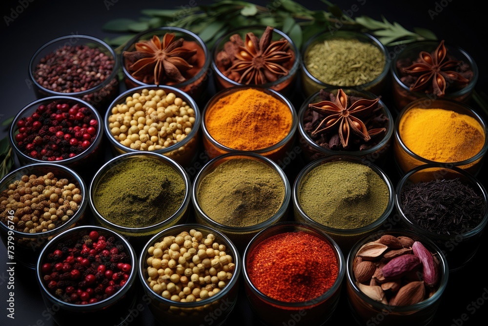 Many multi colored spices. jars and plates with powder. on the table. Background concept with spices. Many multi colored spices. jars and plates with powder. on the table. Background concept with spices.