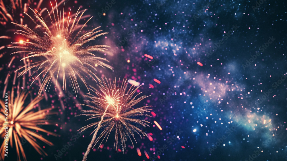 Fototapeta premium Vibrant fireworks lighting up the night sky against a blurred Milky Way background