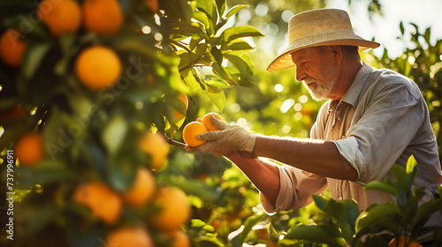 farmer picks or harvest oranges from an orange tree on a sunny day, organic, citrus fruit photo