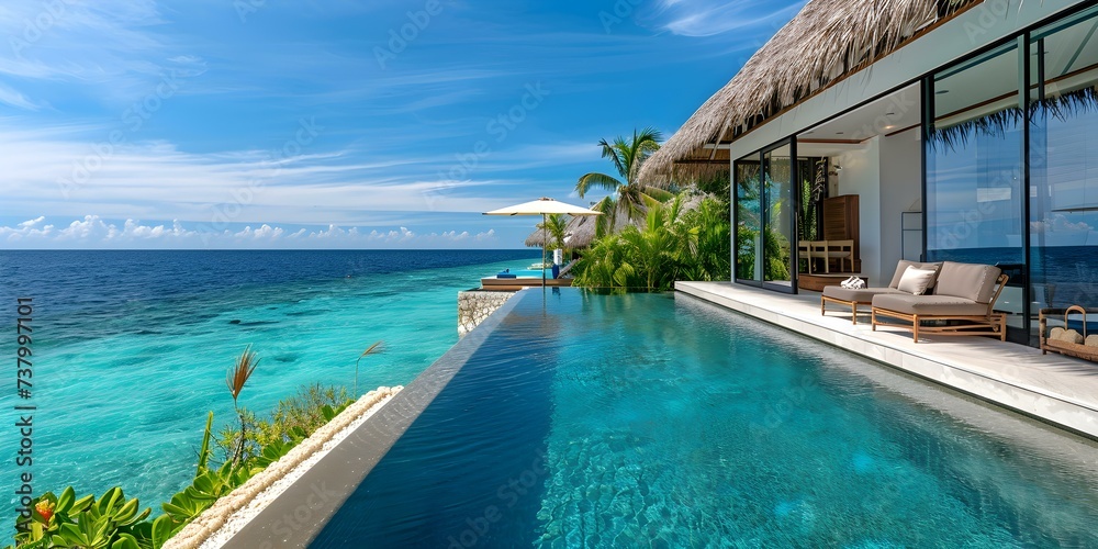 Fototapeta premium Idyllic Maldivian resort with azure skies and serene poolside relaxation. Concept Luxurious Overwater Bungalows, Crystal Clear Waters, Sandy White Beaches, Spa Retreat, Water Sports Adventure