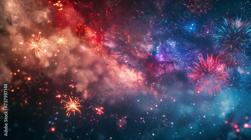 Vibrant fireworks lighting up the night sky against a blurred Milky Way background