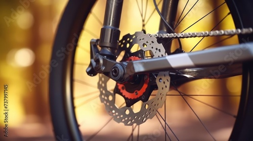 Part of the bicycle's braking system. Grey metal brake disc and brake pads on road bike photo