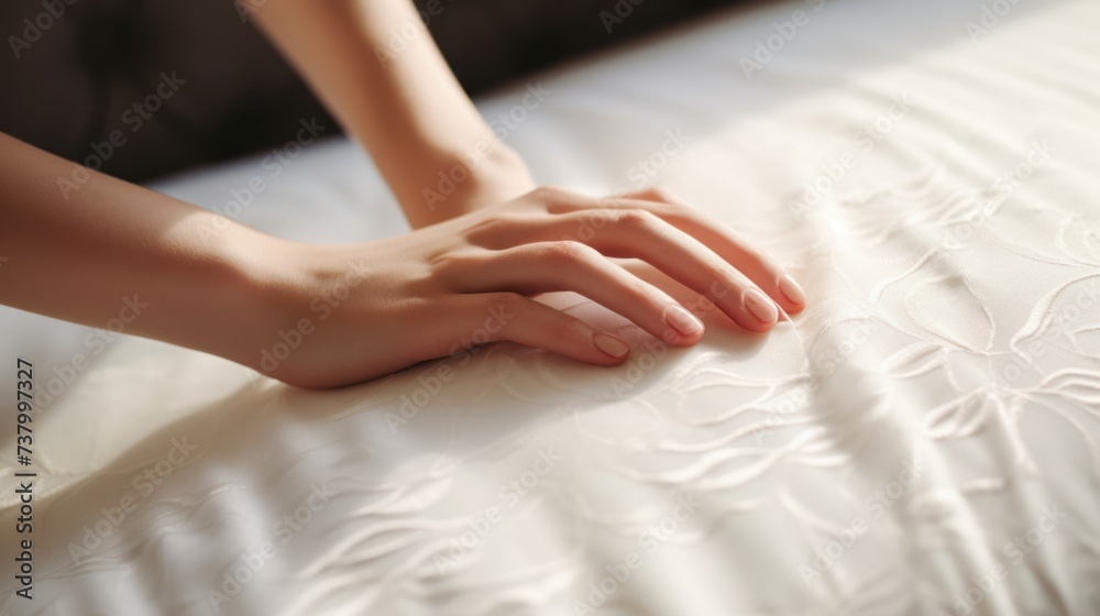 Fototapeta premium banner Woman touching white soft mattress indoors, closeup. soft focus. defocus. copy space,mock-up. advertising concept for bed linen, mattresses, washing powder