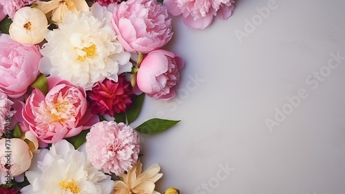 Elegant Floral Arrangement with Lush Peonies and Petals on White Background flatlay top view banner copy space background.