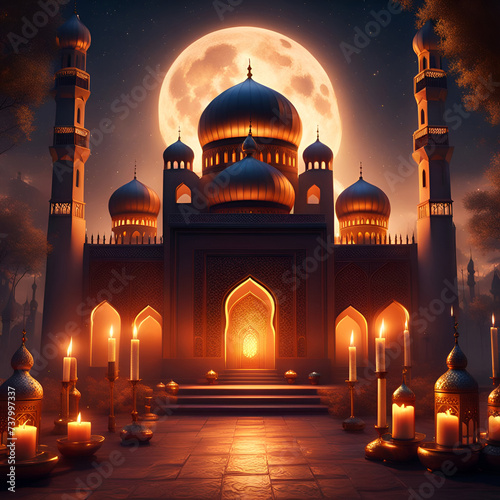 Ramadan poster with a photo of a beautiful mosque  moon  lantern  and night background