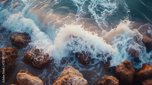 Waves crashing against rugged stones and sandy shores of a beach