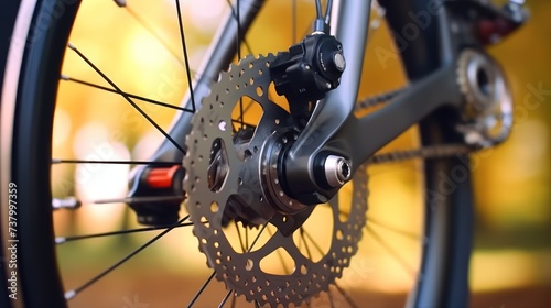 Part of the bicycle's braking system. Grey metal brake disc and brake pads on road bike
