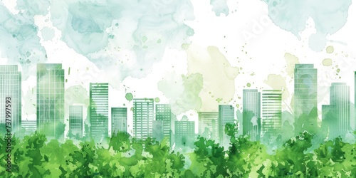 Generative AI, Green watercolor ecology urban landscape, Sustainable Living, Eco-Friendly, Skyline