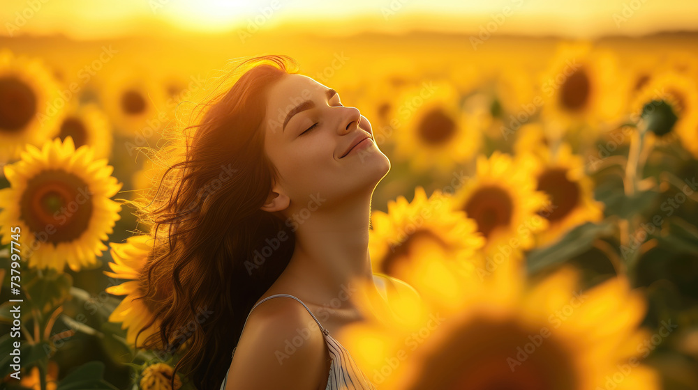 Portrait of happy woman with closed eyes enjoying the beauty of nature, standing in a wide field of sunflowers at sunset Portrait of happy woman with closed eyes enjoying the beauty of nature, standing in a wide field of sunflowers at sunset