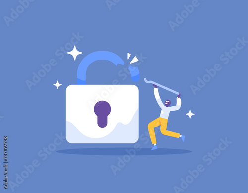 A concept of security breaches. hacking of security and protection systems. stealing user data and information. A thief or hacker who forcefully opens the lock. cyber crime. illustration concept
