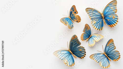 A cluster of blue and orange patterned butterflies on a white background, symbolizing transformation and grace. © mashimara