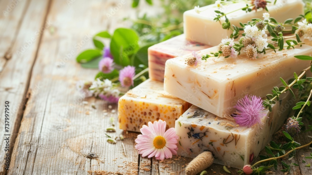 Handcrafted natural soaps surrounded by fresh flowers and herbs, organic and beauty concept. - obrazy, fototapety, plakaty 