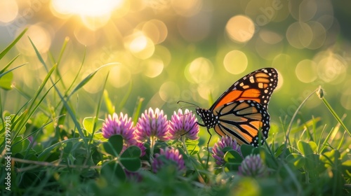 A monarch butterfly perched on a purple clover flower in a field, with sunlight filtering through in the background. Suitable for themes of wildlife, spring, and tranquility.